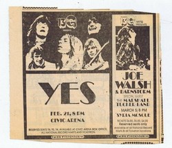 ORIGINAL Vintage 1974 Joe Walsh / Yes Pittsburgh Concert Newspaper Ad   - $19.79