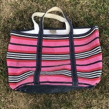 L L Bean Boat and Tote Canvas Bag Pink Striped Blue Double Handle - $897.51 MXN