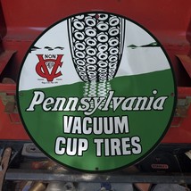 Vintage Pennsylvania Non Skid Vacuum Cup Tires Porcelain Gas &amp; Oil Pump Sign - £98.07 GBP