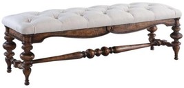 Bench Portico Old World Distressed Wood Rustic Pecan, Tufted Oatmeal Linen Seat - £1,093.51 GBP