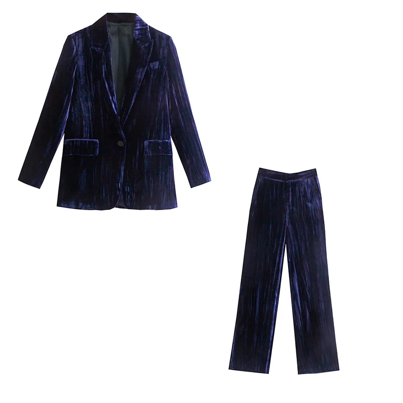 Purple Velvet Trouser Suit Women  Blazer Jacket Wide Leg Pants Set Woman 2 Piece - £109.09 GBP
