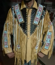 Western Two Tone Beaded Fringes Cow Hide Leather Men Handmade Cow Boy Jacket - £196.64 GBP