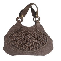 Cole Haan Bag Woven Brown Linen Canvas Hobo  Leather Trim Macrame Accent - $39.59
