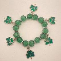 Shamrock Clover Bracelet Green Beads EnamelCharm Silver Stretchy St Patricks Day - £4.01 GBP