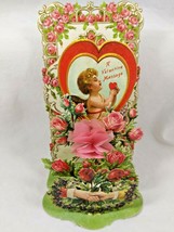 Vintage Pull Down Die Cut Valentine Card Cherub Holding Hands Rose Honeycomb - £37.56 GBP