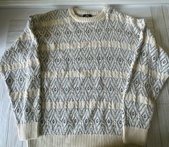Vintage Jantzen LS Knitted Sweater Men&#39;s Size Large Blue Cream USA Geometric - £29.06 GBP