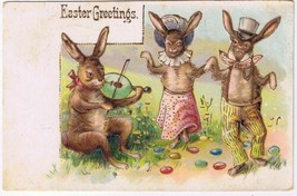 Holiday Postcard Embossed Easter Rabbits Dressed Music Dancing Germany 1909 - £13.76 GBP