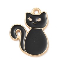 2 Black Cat Charms Gunmetal Pendants Halloween Kitty Findings Gold Enamel - $4.46