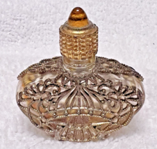 Vintage Gold Filigree Perfume Bottles w Yellow Gold Rhinestone 2" Tall - $29.21