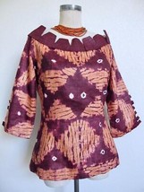 Nouveau Collections Nigeria Batik Top XS 2 4 Sawtooth Trim Orange Purple Blouse - £39.30 GBP