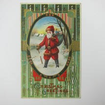 Vintage Christmas Postcard Santa Bag Toys Snow Green Gold Embossed Antique 1911 - £16.03 GBP