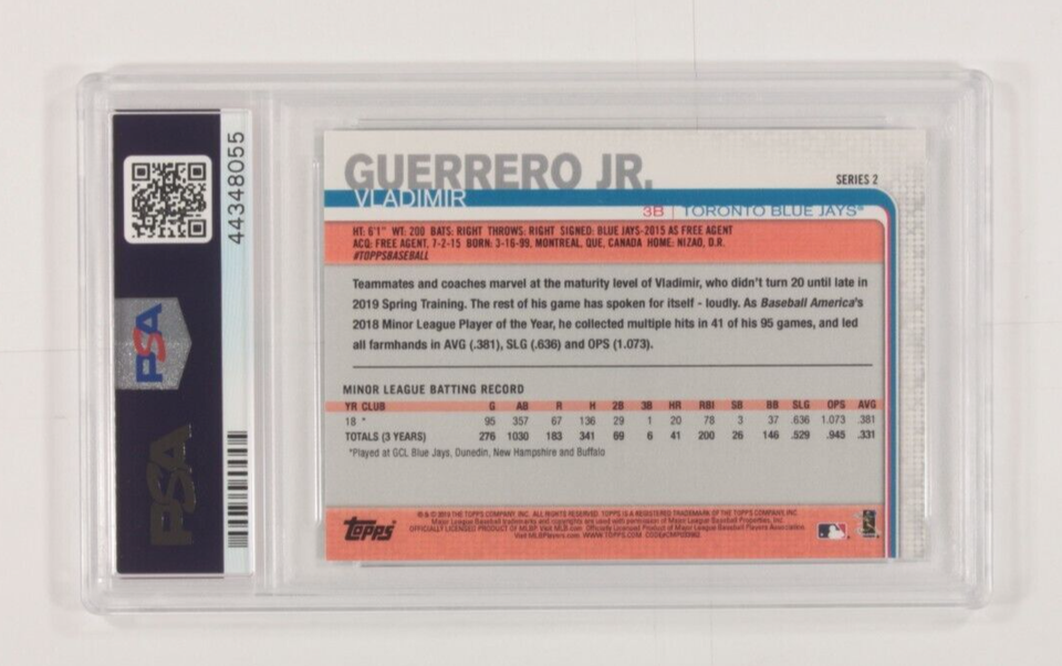 2019 Topps Vladimir Guerrero Junior Manca Scheda Numero PSA 10 Gemma come Nuovo Item image 3