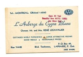 L' Auberge du Cygne Blanc Hotel Business Card Montreal Quebec Canada - $14.85
