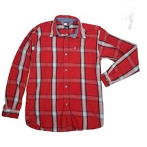 Tommy Hilfiger Red Plaid Flannel Button Up Shirt w Denim Chambray Mens Sz L - £13.65 GBP
