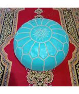 Blue Sky Moroccan Leather Pouf Ottoman: Hand-stitched Footstool - $53.00