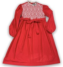Vtg Handmade Girl’s Red w/ White Lace Dress Tie Front By Grandma Prairie 26” W - £14.62 GBP