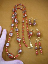 (V-275) Red Cloisonne bead coral gold 38&quot; Necklace + 3 pairs dangle earrings set - £136.97 GBP