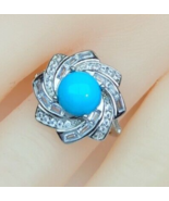 Art Deco 8x8 mm Natural Turquoise Ring, 14K White Gold Plated Sterling Silver - £25.84 GBP