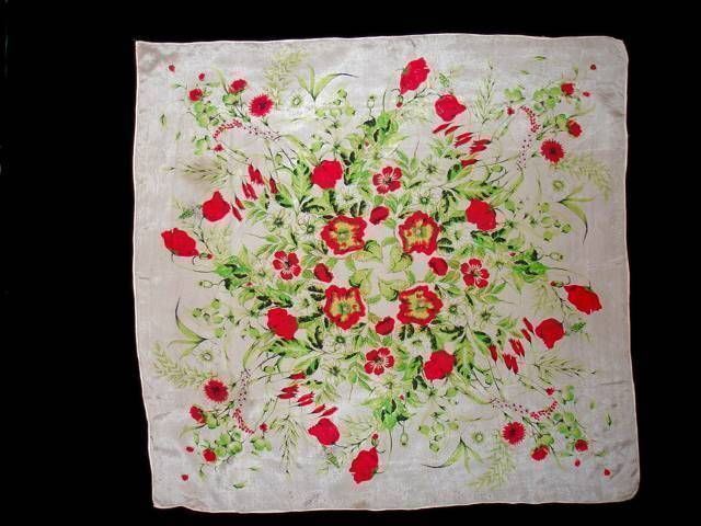 Vintage Silk Scarf RED Poppies Floral Print 31&quot; 1950S Ladies Kerchief - $21.38