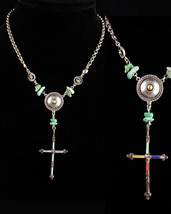 Vintage Signed sterling cross necklace 2 sided turquoise pendant - Ben Amun deco - £195.80 GBP