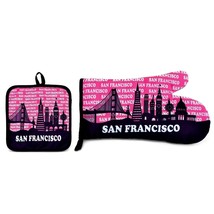 Puzzled San Francisco Skyline Pink Kitchen Oven Mitt Pot Holder Set Famous Sites - $22.76