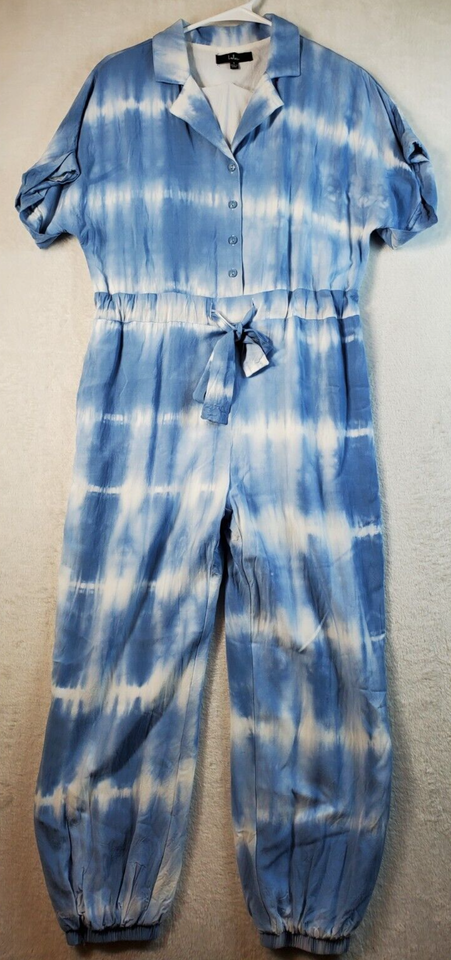 Primary image for Lulus Jumpsuit Womens Size Small White Blue Tie Dye Collared Button Drawstring