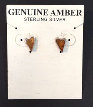 Genuine Amber &amp; Sterling Silver Heart Shaped Stud Post Earrings - £16.08 GBP