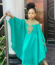 Wedding Party Moroccan Kids Sea Green Dress Abaya Long Kaftan New George... - $72.05