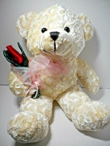 Atico International Cream Velvety Swirl Fur 18&quot; Plush Valentine Bear W Flowers - £16.22 GBP