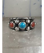 Navajo ring turquoise coral band size 6.25 sterling silver women - $1,279.05 MXN