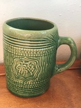 Vintage Green Glazed Pottery w Small Grape Medallion Hot Chocolate Coffee Mug  - £11.18 GBP