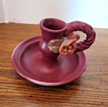 Studio Art Pottery Maroon Floral Candle Stick Holder Signed E. Lamb Vintage - $15.83