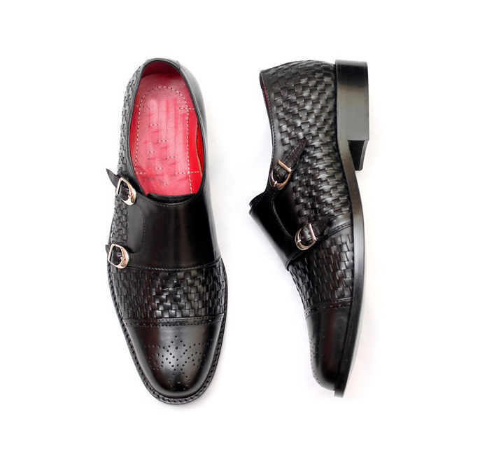 New Handmade Black Leather Double Monk Shoes WovenLeather Dress Formal Shoes Men