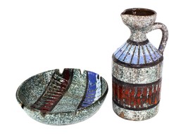 Mid Century Lava Pottery Pitcher Vase &amp; Ashtray Bowl Set Bitossi Italy S... - £53.96 GBP