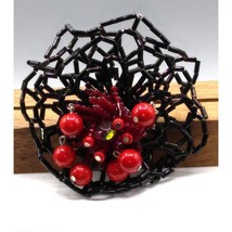 Beaded Glass Artisan Brooch, Large Black and Red Flower Pin, Unique Goth... - £37.95 GBP
