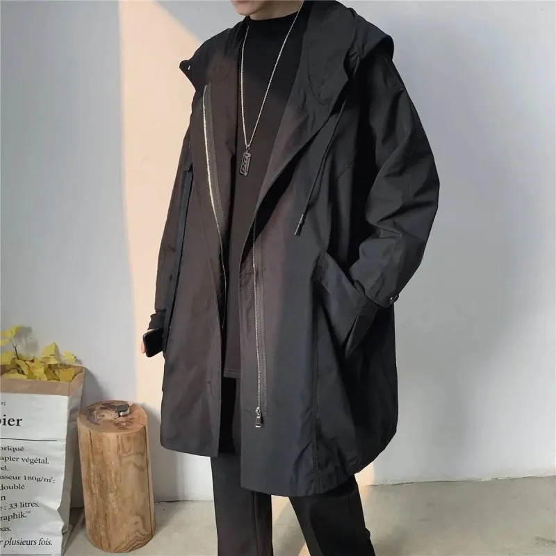 Male Casual Outwear Hip Hop Trench Coat Hooded Streetwear Coats New Men Hooded J - £117.35 GBP
