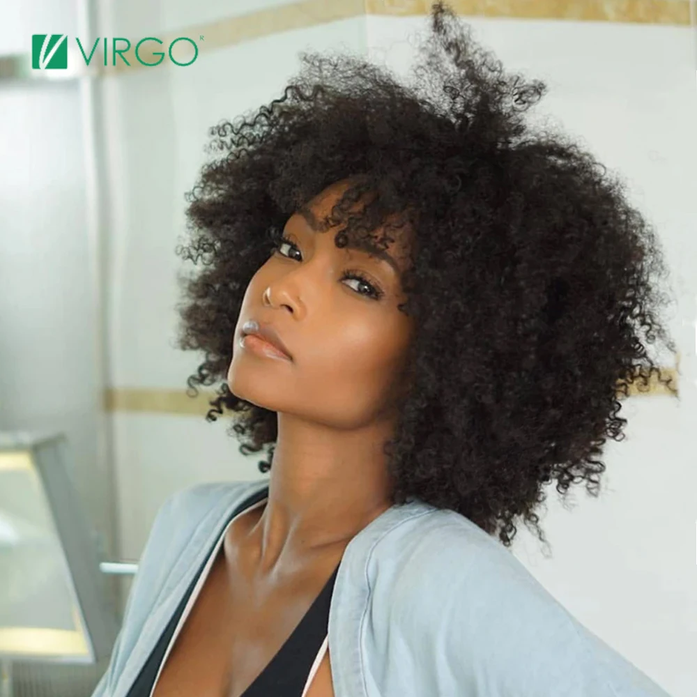 Mongolian 10 Inch Short Afro Kinky Curly Wig For Woman 100% Human Hair Wigs 18 - £52.36 GBP