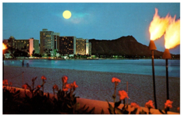 Moonlight over world famous Waikiki Beach landmark Diamond Head Hawaii Postcard - £5.39 GBP