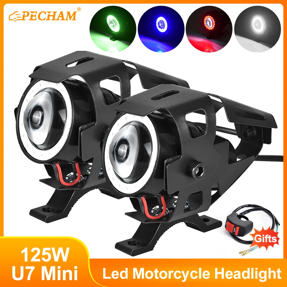 125W LED Auxiliary Motorcycle Headlight Universal 1200LM Angel Eyes U7 Mini - $21.75