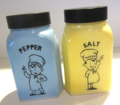 Vintage TAPPAN Chef Blue &amp; Yellow Milk Glass Salt and Pepper Shakers  - $66.50