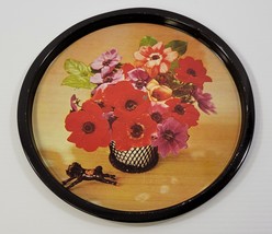 M) Vintage Floral Horse Round Metal Tin Serving Plate Tray 10-3/4&quot; - £7.77 GBP