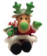 Vintage Puffalump Style Christmas Nylon Reindeer Plush holding Jingle Be... - £17.61 GBP