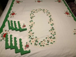 Vintage MCM Christmas Tablecloth (52x70) with 8 Matching Napkins (17x17) Floral - £131.56 GBP