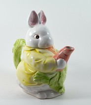 Easter Bunny Rabbit Teapot Ceramic White Yellow Jacket Cabbage Carrot 8&quot; - £15.17 GBP