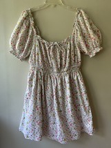 AE Aerie Sz XL Floral Puff Sleeve Ruched Mini Dress with Hand Pockets Pu... - $274.89 MXN