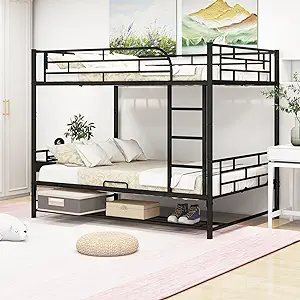 Merax Full Over Full Metal Bunk Bed Frame with Shelf and Guardrails for ... - $537.99