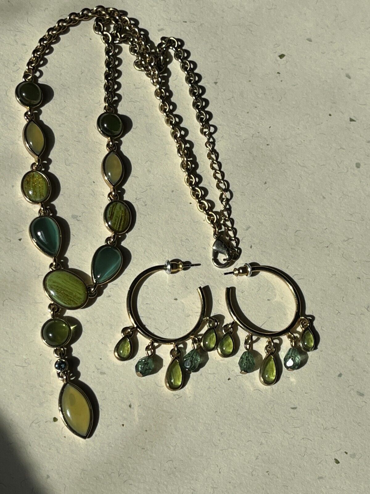 Primary image for Demi Goldtone Chain w Green Yellow & Aqua Various Shaped Caps Dangle Pendant Nec
