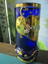 Bohemian Czech Crystal Blue Gold Applied Flowers Vase 6 1/2&quot; [97B] - £98.92 GBP