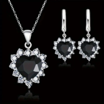Delicate Heart Rhinestone Necklace &amp; Earrings Set - New - Black - £15.97 GBP