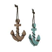 Set of 2 Wooden Ship Anchor Wall Hangings Blue and Brown 8.75 Inches High - £18.01 GBP